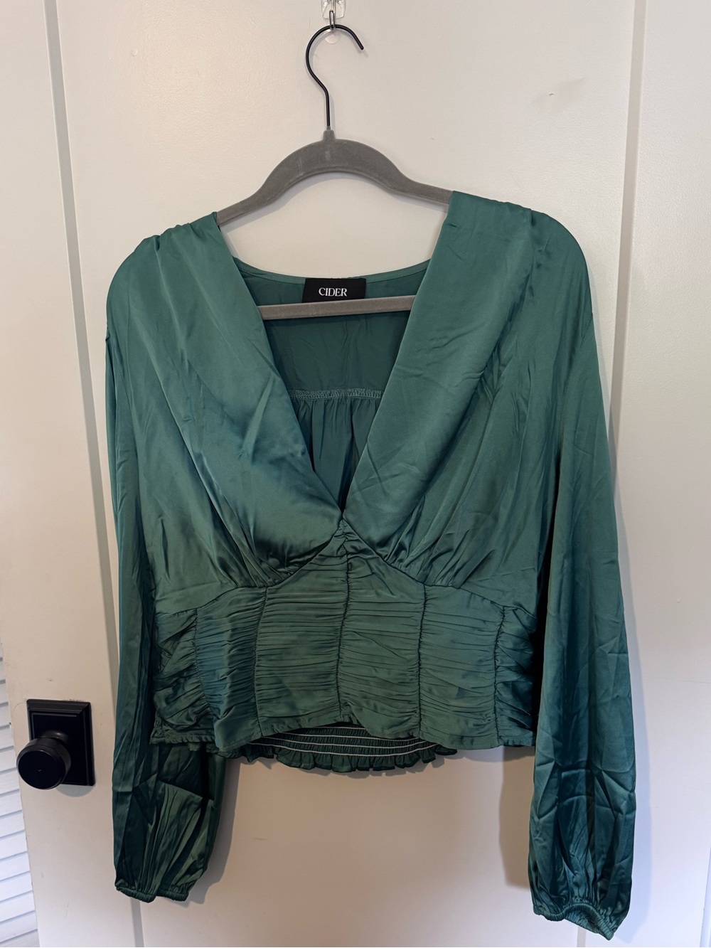 Cider Teal Green Satin Long Sleeve Blouse